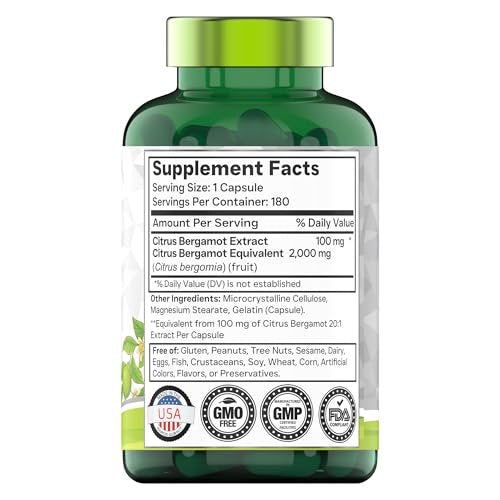 tnvitamins Citrus Bergamot 2000 mg – 180 Kapseln | Hochdosiertes Citrus-Bergamotte-Präparat mit 2000 mg pro Kapsel | 6-Monats-Vorrat! | Non-GMO | Hergestellt in den USA