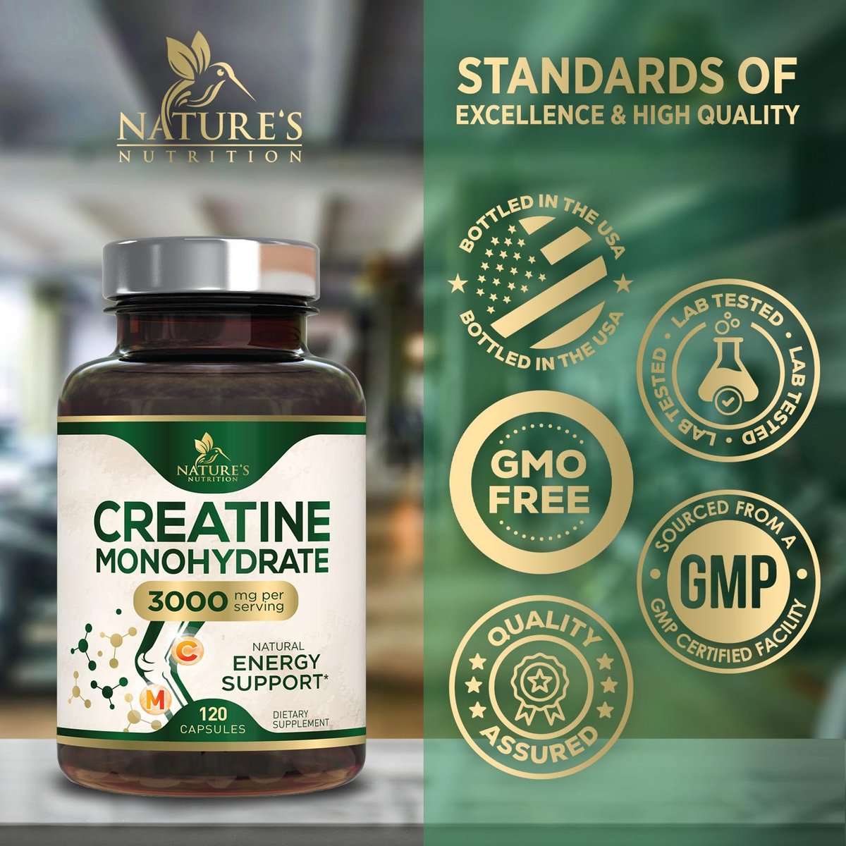 Kreatin Monohydrat 3000 mg pro Portion – Mikronisierte Kreatinpulver-Kapseln – Unterstützt Muskelaufbau, Kraft, Energie & Ausdauer – Nahrungsergänzungsmittel von Nature's Nutrition, Non-GMO, in den USA abgefüllt – 120 Kapseln