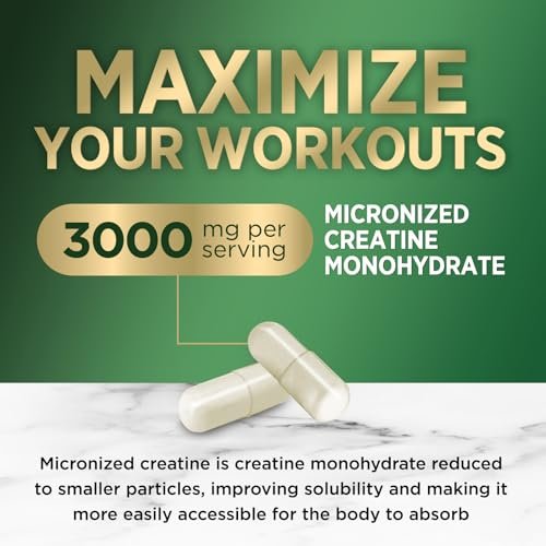 Kreatin Monohydrat 3000 mg pro Portion – Mikronisierte Kreatinpulver-Kapseln – Unterstützt Muskelaufbau, Kraft, Energie & Ausdauer – Nahrungsergänzungsmittel von Nature's Nutrition, Non-GMO, in den USA abgefüllt – 120 Kapseln