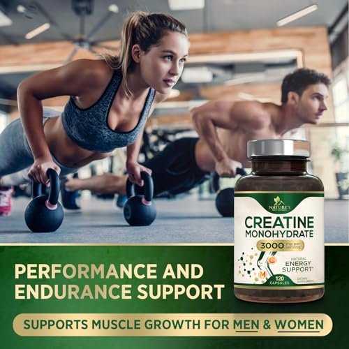 Kreatin Monohydrat 3000 mg pro Portion – Mikronisierte Kreatinpulver-Kapseln – Unterstützt Muskelaufbau, Kraft, Energie & Ausdauer – Nahrungsergänzungsmittel von Nature's Nutrition, Non-GMO, in den USA abgefüllt – 120 Kapseln