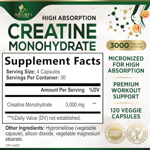 Kreatin Monohydrat 3000 mg pro Portion – Mikronisierte Kreatinpulver-Kapseln – Unterstützt Muskelaufbau, Kraft, Energie & Ausdauer – Nahrungsergänzungsmittel von Nature's Nutrition, Non-GMO, in den USA abgefüllt – 120 Kapseln