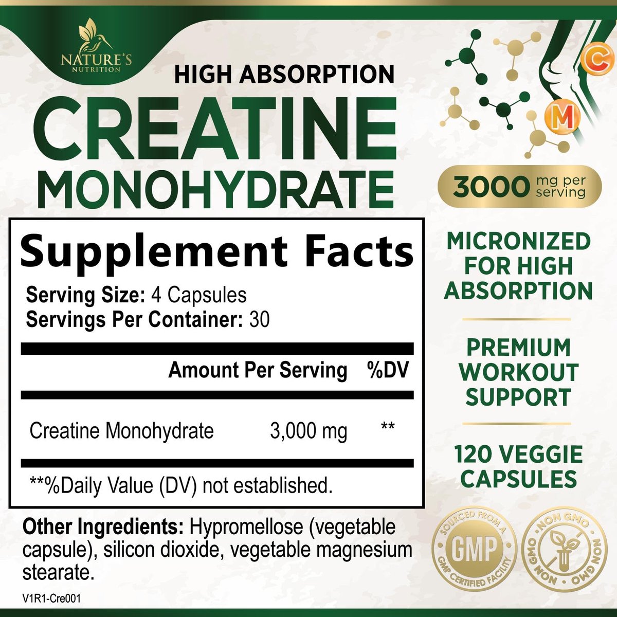 Kreatin Monohydrat 3000 mg pro Portion – Mikronisierte Kreatinpulver-Kapseln – Unterstützt Muskelaufbau, Kraft, Energie & Ausdauer – Nahrungsergänzungsmittel von Nature's Nutrition, Non-GMO, in den USA abgefüllt – 120 Kapseln
