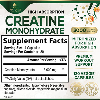 Kreatin Monohydrat 3000 mg pro Portion – Mikronisierte Kreatinpulver-Kapseln – Unterstützt Muskelaufbau, Kraft, Energie & Ausdauer – Nahrungsergänzungsmittel von Nature's Nutrition, Non-GMO, in den USA abgefüllt – 120 Kapseln