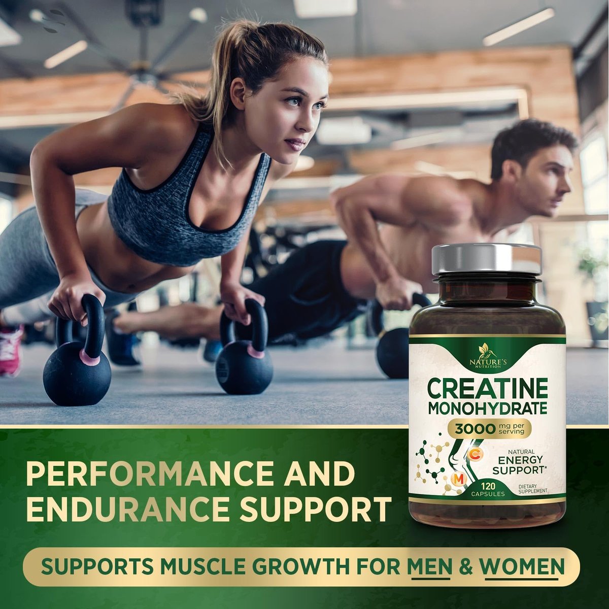 Kreatin Monohydrat 3000 mg pro Portion – Mikronisierte Kreatinpulver-Kapseln – Unterstützt Muskelaufbau, Kraft, Energie & Ausdauer – Nahrungsergänzungsmittel von Nature's Nutrition, Non-GMO, in den USA abgefüllt – 120 Kapseln