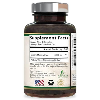 Kreatin Monohydrat 3000 mg pro Portion – Mikronisierte Kreatinpulver-Kapseln – Unterstützt Muskelaufbau, Kraft, Energie & Ausdauer – Nahrungsergänzungsmittel von Nature's Nutrition, Non-GMO, in den USA abgefüllt – 120 Kapseln