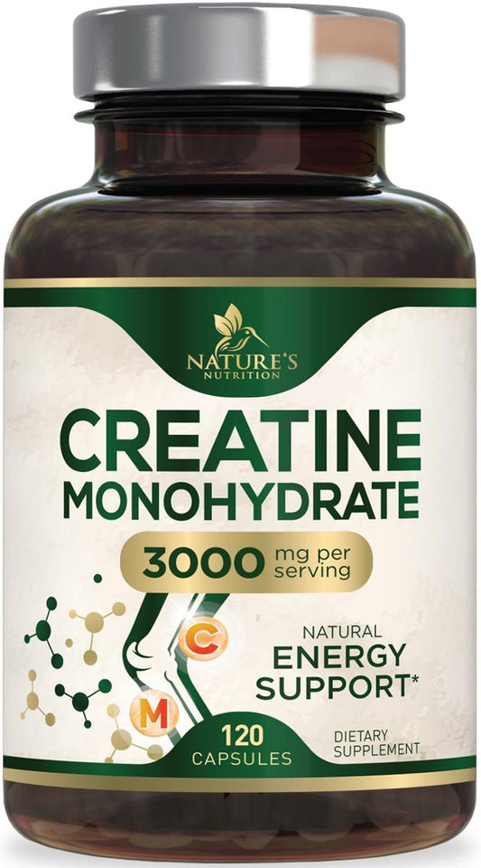 Kreatin Monohydrat 3000 mg pro Portion – Mikronisierte Kreatinpulver-Kapseln – Unterstützt Muskelaufbau, Kraft, Energie & Ausdauer – Nahrungsergänzungsmittel von Nature's Nutrition, Non-GMO, in den USA abgefüllt – 120 Kapseln