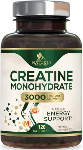 Kreatin Monohydrat 3000 mg pro Portion – Mikronisierte Kreatinpulver-Kapseln – Unterstützt Muskelaufbau, Kraft, Energie & Ausdauer – Nahrungsergänzungsmittel von Nature's Nutrition, Non-GMO, in den USA abgefüllt – 120 Kapseln