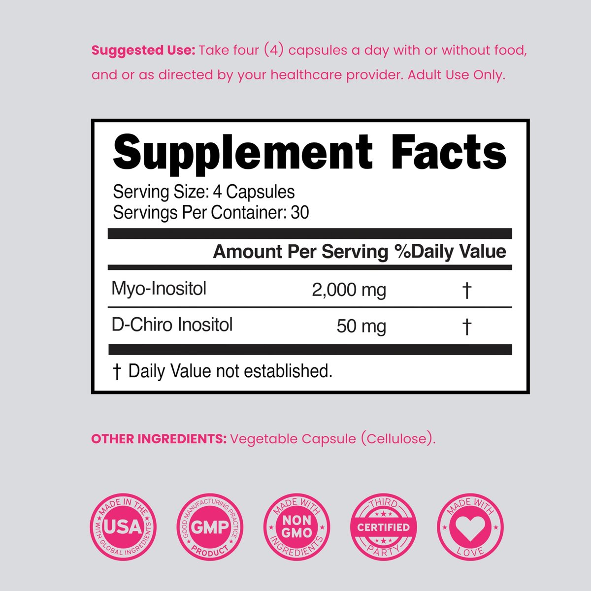Myo-Inositol & D-Chiro Inositol Supplement für Frauen – 120 Kapseln, 2050 mg pro Portion, ideales 40:1 Verhältnis – Hormonbalance für Frauen – Drittanbieter getestet, vegan & hergestellt in den USA