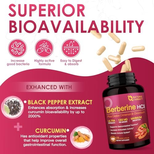 NATURE TARGET Berberin HCL 1200 mg, Berberin-Kapseln mit Ceylon-Zimt & Chrom – Unterstützt Immun-, Magen-Darm- & Verdauungsgesundheit, Non-GMO, 120 Kapseln