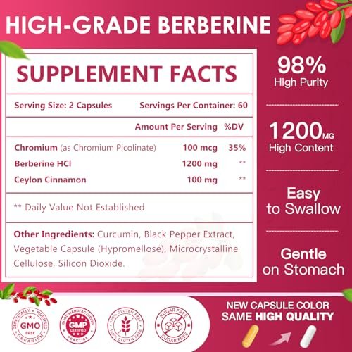 NATURE TARGET Berberin HCL 1200 mg, Berberin-Kapseln mit Ceylon-Zimt & Chrom – Unterstützt Immun-, Magen-Darm- & Verdauungsgesundheit, Non-GMO, 120 Kapseln