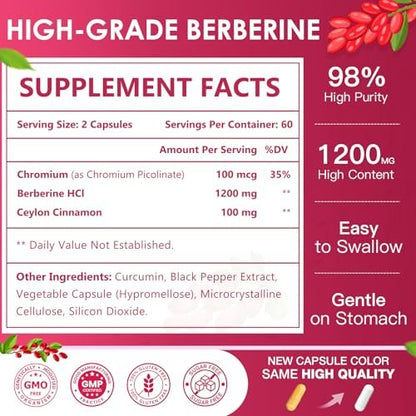NATURE TARGET Berberin HCL 1200 mg, Berberin-Kapseln mit Ceylon-Zimt & Chrom – Unterstützt Immun-, Magen-Darm- & Verdauungsgesundheit, Non-GMO, 120 Kapseln