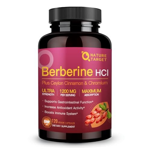 NATURE TARGET Berberin HCL 1200 mg, Berberin-Kapseln mit Ceylon-Zimt & Chrom – Unterstützt Immun-, Magen-Darm- & Verdauungsgesundheit, Non-GMO, 120 Kapseln