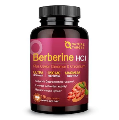 NATURE TARGET Berberin HCL 1200 mg, Berberin-Kapseln mit Ceylon-Zimt & Chrom – Unterstützt Immun-, Magen-Darm- & Verdauungsgesundheit, Non-GMO, 120 Kapseln