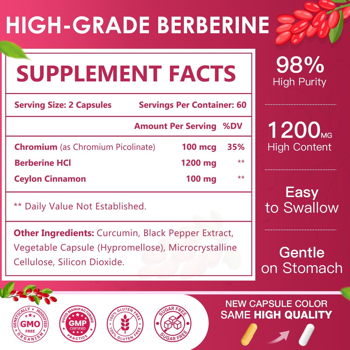 NATURE TARGET Berberin HCL 1200 mg, Berberin-Kapseln mit Ceylon-Zimt & Chrom – Unterstützt Immun-, Magen-Darm- & Verdauungsgesundheit, Non-GMO, 120 Kapseln