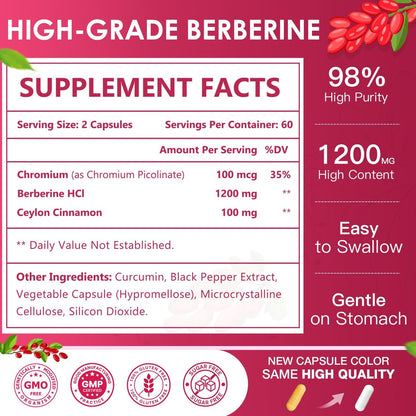 NATURE TARGET Berberin HCL 1200 mg, Berberin-Kapseln mit Ceylon-Zimt & Chrom – Unterstützt Immun-, Magen-Darm- & Verdauungsgesundheit, Non-GMO, 120 Kapseln