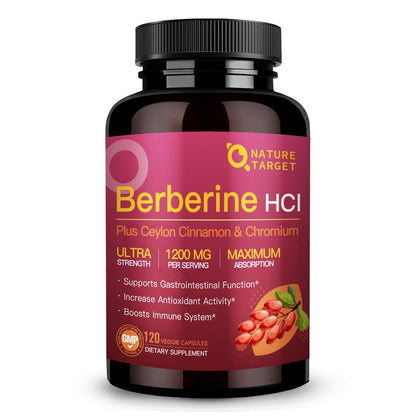 NATURE TARGET Berberin HCL 1200 mg, Berberin-Kapseln mit Ceylon-Zimt & Chrom – Unterstützt Immun-, Magen-Darm- & Verdauungsgesundheit, Non-GMO, 120 Kapseln