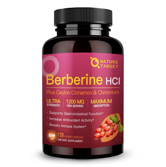 NATURE TARGET Berberin HCL 1200 mg, Berberin-Kapseln mit Ceylon-Zimt & Chrom – Unterstützt Immun-, Magen-Darm- & Verdauungsgesundheit, Non-GMO, 120 Kapseln