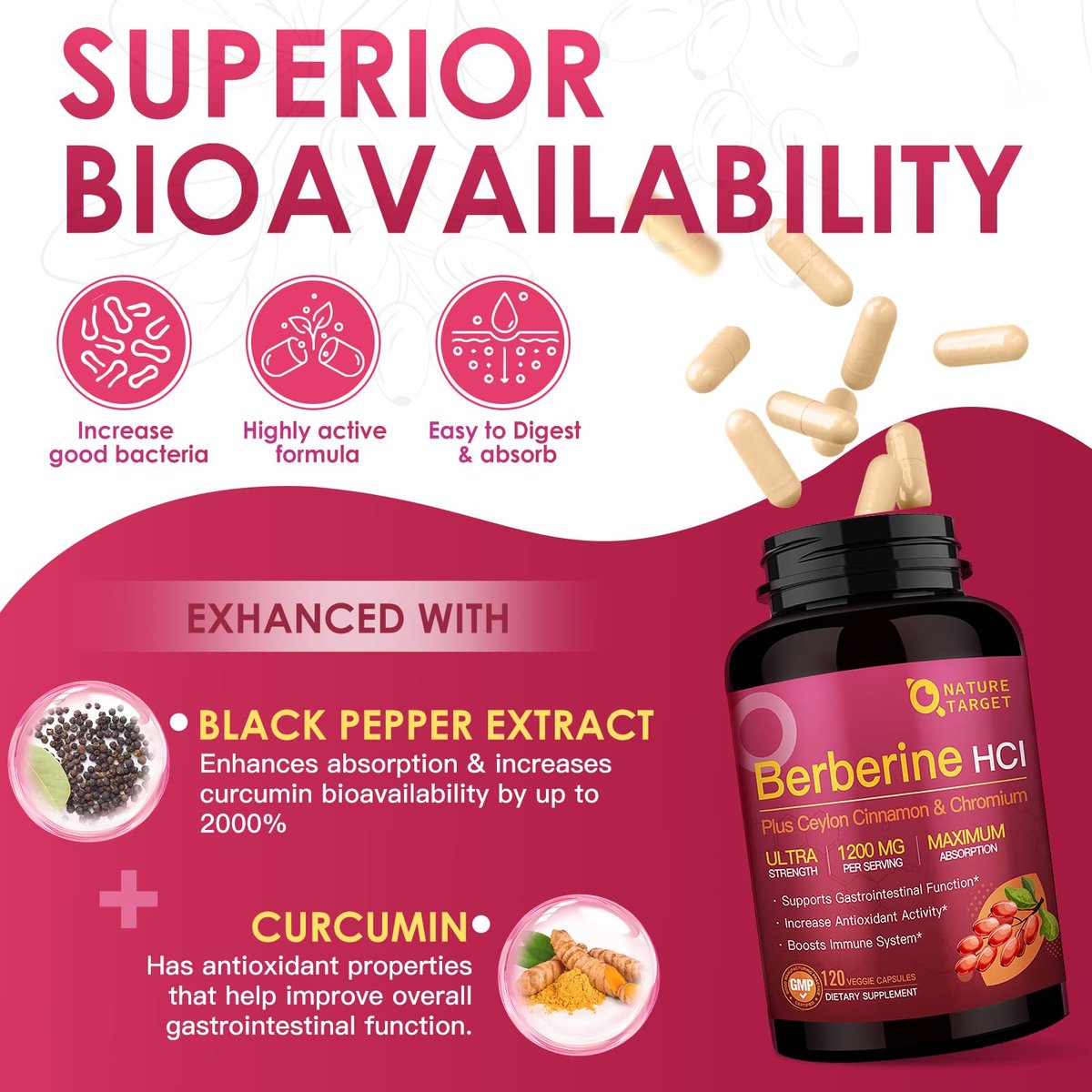 NATURE TARGET Berberin HCL 1200 mg, Berberin-Kapseln mit Ceylon-Zimt & Chrom – Unterstützt Immun-, Magen-Darm- & Verdauungsgesundheit, Non-GMO, 120 Kapseln