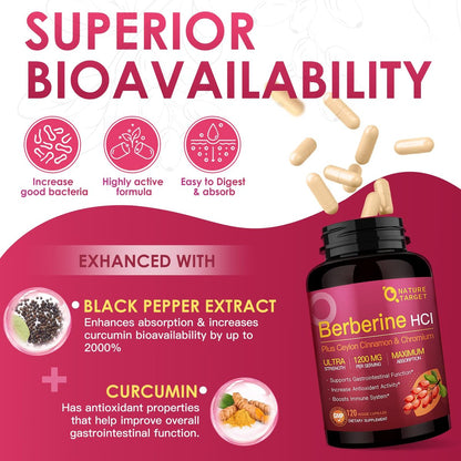 NATURE TARGET Berberin HCL 1200 mg, Berberin-Kapseln mit Ceylon-Zimt & Chrom – Unterstützt Immun-, Magen-Darm- & Verdauungsgesundheit, Non-GMO, 120 Kapseln