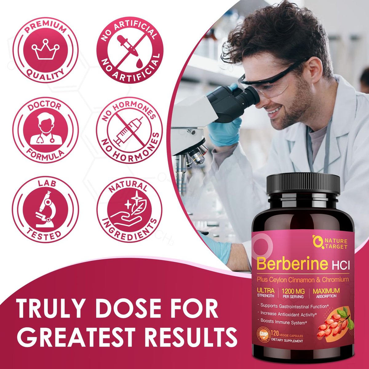 NATURE TARGET Berberin HCL 1200 mg, Berberin-Kapseln mit Ceylon-Zimt & Chrom – Unterstützt Immun-, Magen-Darm- & Verdauungsgesundheit, Non-GMO, 120 Kapseln