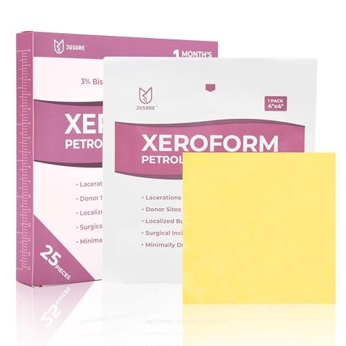 JUSORE Xeroform Petrolatum Verband 4"x4" - 25 einzeln verpackte, nicht haftende Gaze-Pads für Wundversorgung, Verbrennungen, Hauttransplantationen und chirurgische Einschnitte