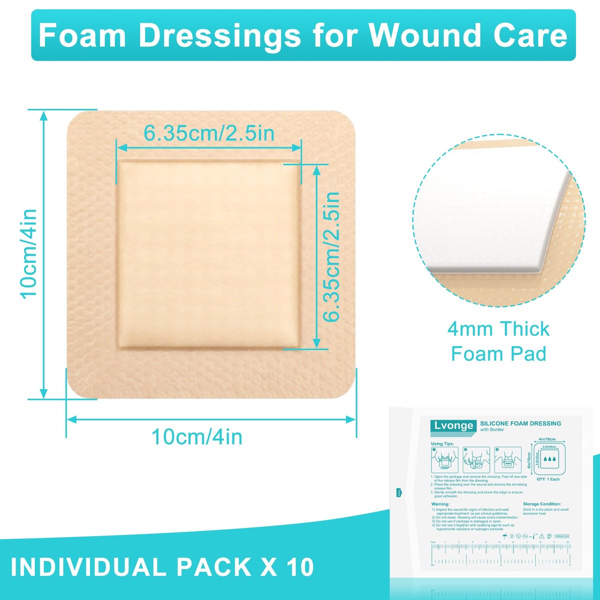 Silikon-Schaumstoffverband 10x10 cm (10er-Pack) mit Kleberand, Wundversorgung hochsaugfähig, groß, wasserdicht, Silikonpflaster für Druckgeschwüre, Dekubitus, Beingeschwüre