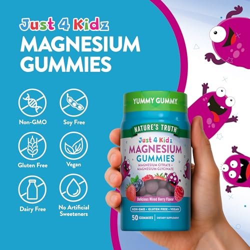Nature's Truth Magnesium Gummis für Kinder | Glycinat & Citrat | 50 Stück | Mischbeeren-Geschmack | Vegan, Nicht-GVO & Glutenfrei
