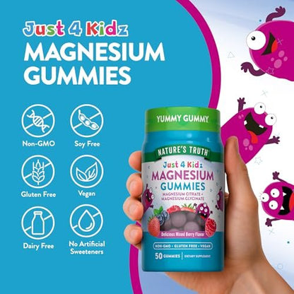 Nature's Truth Magnesium Gummis für Kinder | Glycinat & Citrat | 50 Stück | Mischbeeren-Geschmack | Vegan, Nicht-GVO & Glutenfrei