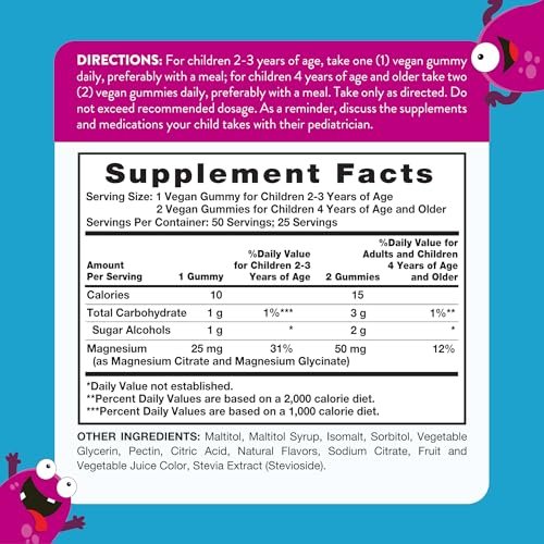 Nature's Truth Magnesium Gummis für Kinder | Glycinat & Citrat | 50 Stück | Mischbeeren-Geschmack | Vegan, Nicht-GVO & Glutenfrei