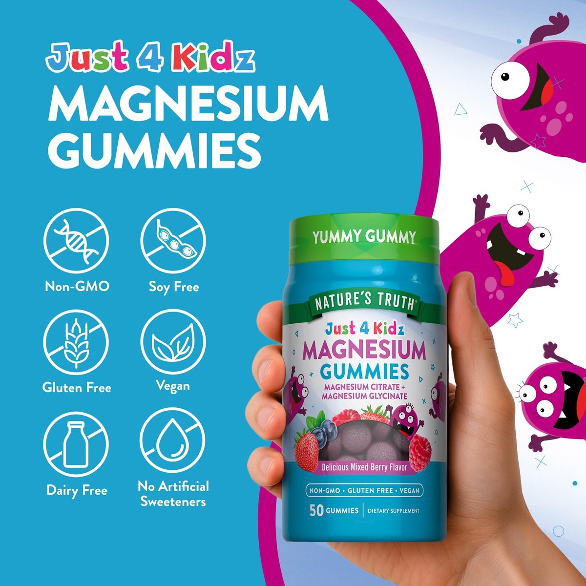 Nature's Truth Magnesium Gummis für Kinder | Glycinat & Citrat | 50 Stück | Mischbeeren-Geschmack | Vegan, Nicht-GVO & Glutenfrei