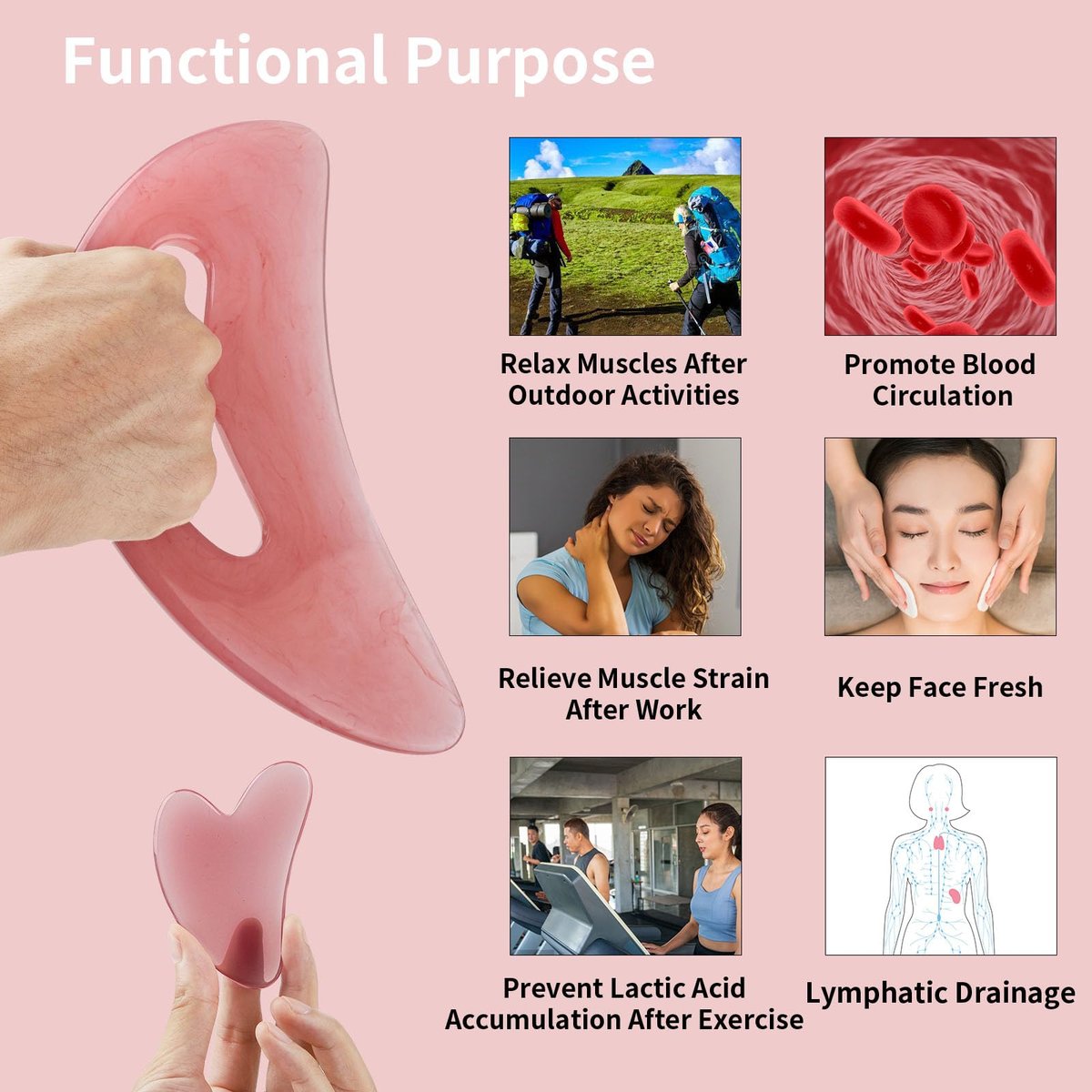 FDKJEJC Körper-Gua-Sha-Werkzeug aus Naturharz – Große Zellulite-Massage für Rücken, Beine und Gesicht – Lymphdrainage-Tool zur Körperformung (Pink)