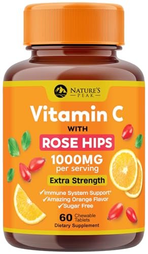 Vitamin C 1000mg pro Portion - Extra starke tägliche Immununterstützung mit Hagebutten - Zuckerfreie Kautabletten mit leckerem Orangenaroma - Antioxidans- und Kollagenunterstützung - In den USA abgefüllt - 60 Tabletten