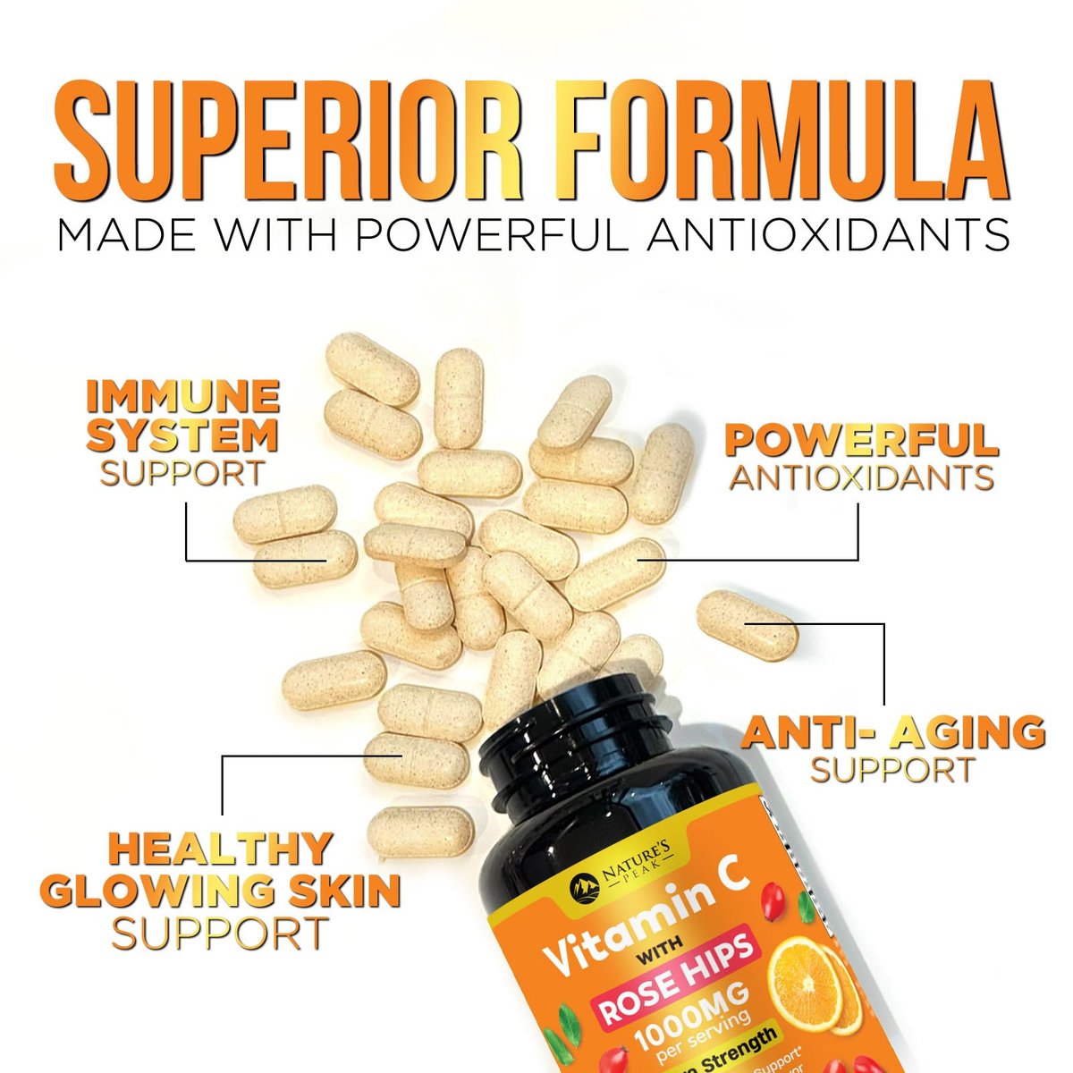Vitamin C 1000mg pro Portion - Extra starke tägliche Immununterstützung mit Hagebutten - Zuckerfreie Kautabletten mit leckerem Orangenaroma - Antioxidans- und Kollagenunterstützung - In den USA abgefüllt - 60 Tabletten