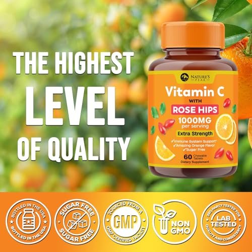 Vitamin C 1000mg pro Portion - Extra starke tägliche Immununterstützung mit Hagebutten - Zuckerfreie Kautabletten mit leckerem Orangenaroma - Antioxidans- und Kollagenunterstützung - In den USA abgefüllt - 60 Tabletten