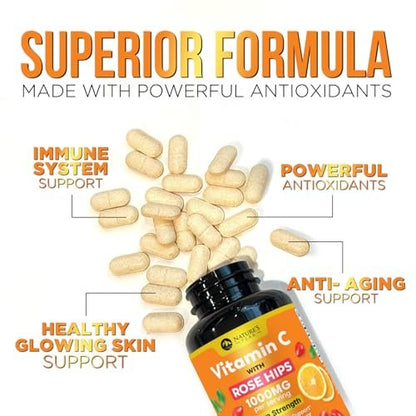 Vitamin C 1000mg pro Portion - Extra starke tägliche Immununterstützung mit Hagebutten - Zuckerfreie Kautabletten mit leckerem Orangenaroma - Antioxidans- und Kollagenunterstützung - In den USA abgefüllt - 60 Tabletten