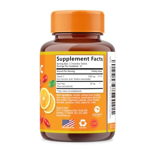 Vitamin C 1000mg pro Portion - Extra starke tägliche Immununterstützung mit Hagebutten - Zuckerfreie Kautabletten mit leckerem Orangenaroma - Antioxidans- und Kollagenunterstützung - In den USA abgefüllt - 60 Tabletten