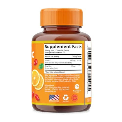 Vitamin C 1000mg pro Portion - Extra starke tägliche Immununterstützung mit Hagebutten - Zuckerfreie Kautabletten mit leckerem Orangenaroma - Antioxidans- und Kollagenunterstützung - In den USA abgefüllt - 60 Tabletten