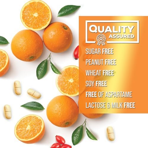 Vitamin C 1000mg pro Portion - Extra starke tägliche Immununterstützung mit Hagebutten - Zuckerfreie Kautabletten mit leckerem Orangenaroma - Antioxidans- und Kollagenunterstützung - In den USA abgefüllt - 60 Tabletten