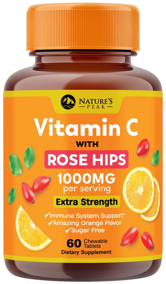 Vitamin C 1000mg pro Portion - Extra starke tägliche Immununterstützung mit Hagebutten - Zuckerfreie Kautabletten mit leckerem Orangenaroma - Antioxidans- und Kollagenunterstützung - In den USA abgefüllt - 60 Tabletten