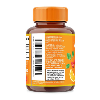 Vitamin C 1000mg pro Portion - Extra starke tägliche Immununterstützung mit Hagebutten - Zuckerfreie Kautabletten mit leckerem Orangenaroma - Antioxidans- und Kollagenunterstützung - In den USA abgefüllt - 60 Tabletten