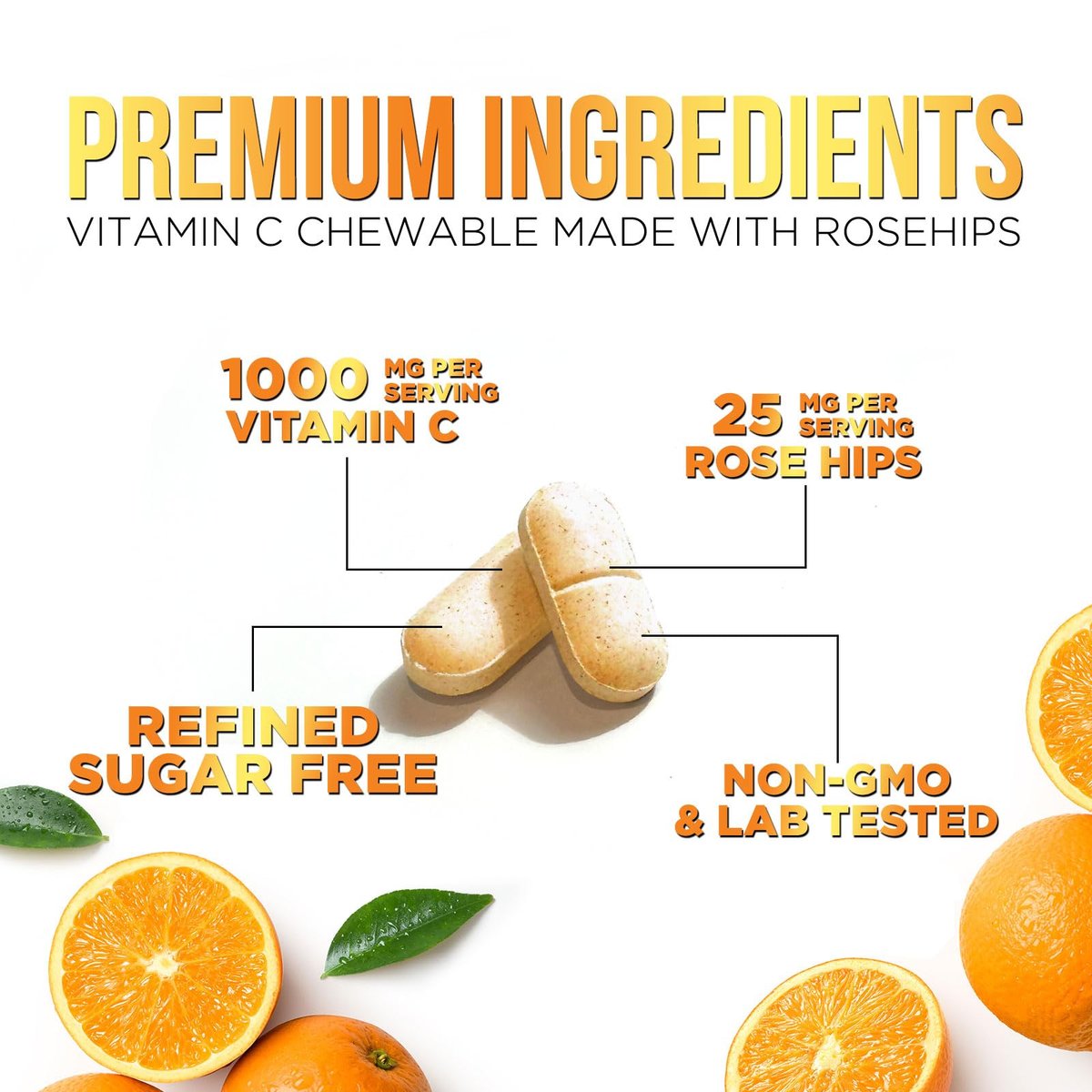 Vitamin C 1000mg pro Portion - Extra starke tägliche Immununterstützung mit Hagebutten - Zuckerfreie Kautabletten mit leckerem Orangenaroma - Antioxidans- und Kollagenunterstützung - In den USA abgefüllt - 60 Tabletten