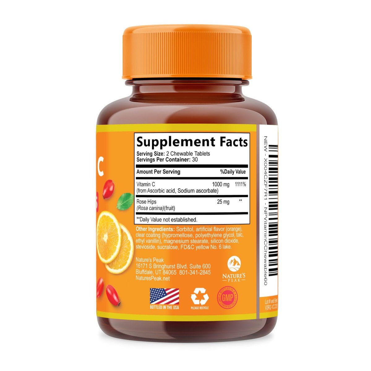 Vitamin C 1000mg pro Portion - Extra starke tägliche Immununterstützung mit Hagebutten - Zuckerfreie Kautabletten mit leckerem Orangenaroma - Antioxidans- und Kollagenunterstützung - In den USA abgefüllt - 60 Tabletten