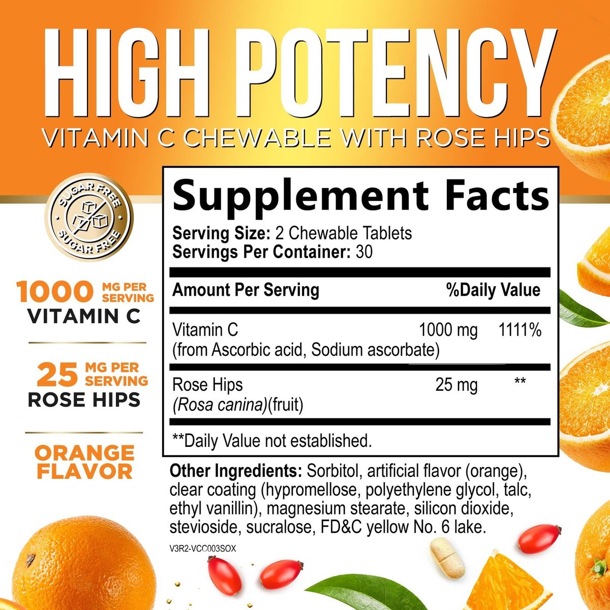 Vitamin C 1000mg pro Portion - Extra starke tägliche Immununterstützung mit Hagebutten - Zuckerfreie Kautabletten mit leckerem Orangenaroma - Antioxidans- und Kollagenunterstützung - In den USA abgefüllt - 60 Tabletten