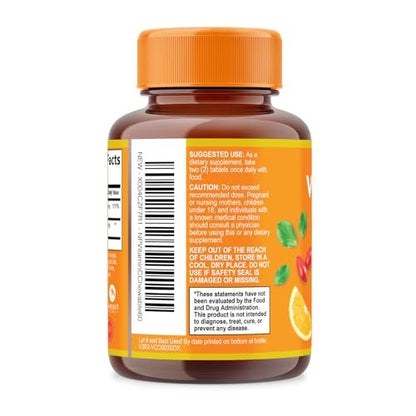 Vitamin C 1000mg pro Portion - Extra starke tägliche Immununterstützung mit Hagebutten - Zuckerfreie Kautabletten mit leckerem Orangenaroma - Antioxidans- und Kollagenunterstützung - In den USA abgefüllt - 60 Tabletten