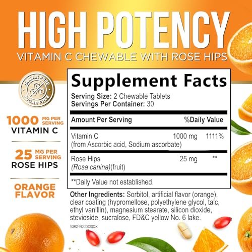 Vitamin C 1000mg pro Portion - Extra starke tägliche Immununterstützung mit Hagebutten - Zuckerfreie Kautabletten mit leckerem Orangenaroma - Antioxidans- und Kollagenunterstützung - In den USA abgefüllt - 60 Tabletten