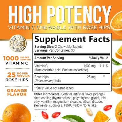 Vitamin C 1000mg pro Portion - Extra starke tägliche Immununterstützung mit Hagebutten - Zuckerfreie Kautabletten mit leckerem Orangenaroma - Antioxidans- und Kollagenunterstützung - In den USA abgefüllt - 60 Tabletten