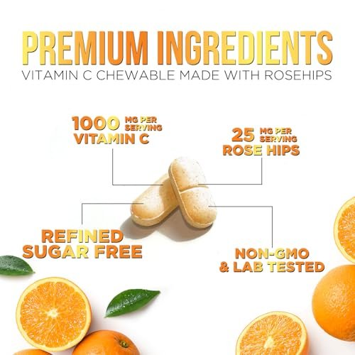 Vitamin C 1000mg pro Portion - Extra starke tägliche Immununterstützung mit Hagebutten - Zuckerfreie Kautabletten mit leckerem Orangenaroma - Antioxidans- und Kollagenunterstützung - In den USA abgefüllt - 60 Tabletten