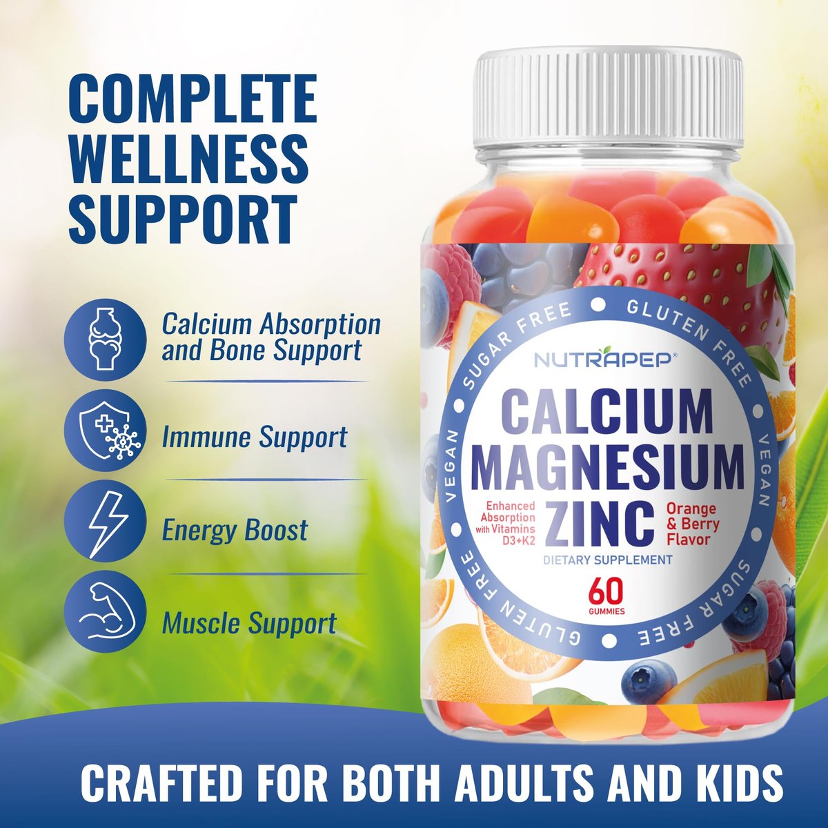 NutraPep Calcium Magnesium Zink Gummibärchen – mit Vitamin D3 K2 Magnesiumglycinat – Orangen-Beere-Geschmack – Vegan, Zuckerfrei, Glutenfrei – für Männer, Frauen, Kinder – 60 Stück