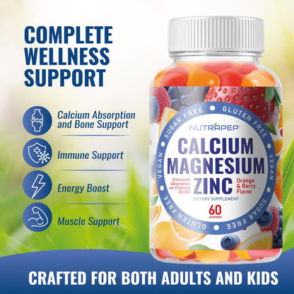 NutraPep Calcium Magnesium Zink Gummibärchen – mit Vitamin D3 K2 Magnesiumglycinat – Orangen-Beere-Geschmack – Vegan, Zuckerfrei, Glutenfrei – für Männer, Frauen, Kinder – 60 Stück