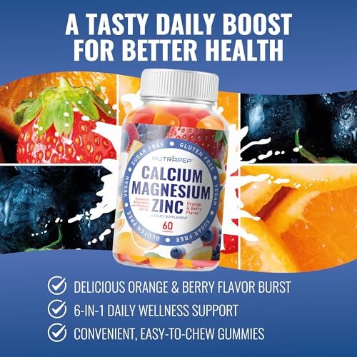NutraPep Calcium Magnesium Zink Gummibärchen – mit Vitamin D3 K2 Magnesiumglycinat – Orangen-Beere-Geschmack – Vegan, Zuckerfrei, Glutenfrei – für Männer, Frauen, Kinder – 60 Stück